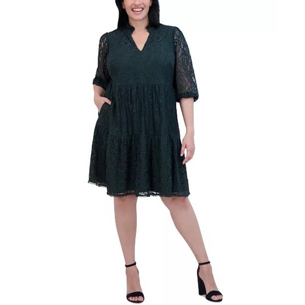 Jessica Howard Lace Tiered Dress Womens Green Balloon Sleeve V-Neck 16W NWT